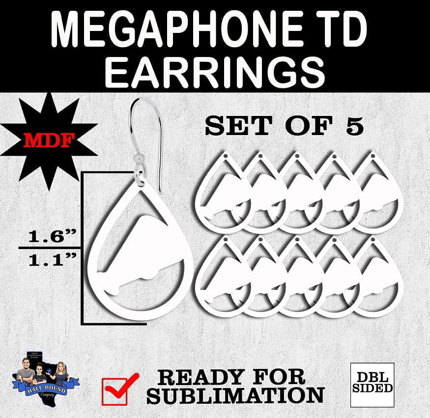 Sublimation MDF Laser Cuts Earrings MEGAPHONE/CHEER Teardrop (Set of 5) - Blank for